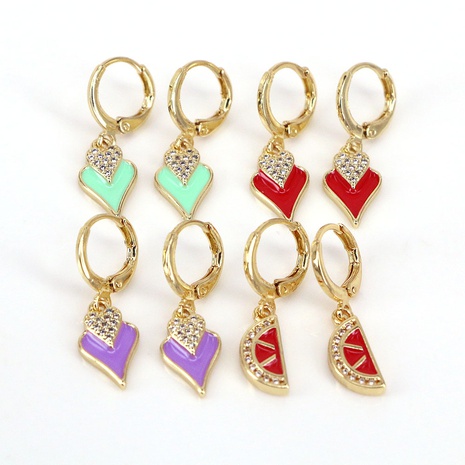 Cute Heart Shape Watermelon Copper Drop Earrings Gold Plated Zircon Copper Earrings 1 Pair's discount tags