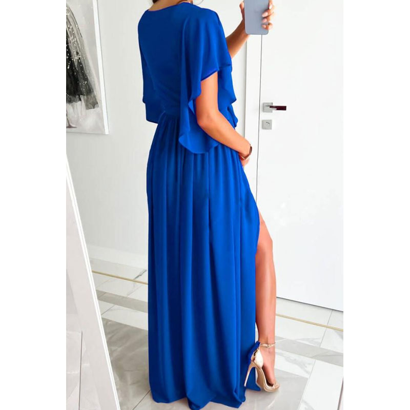 عارضة بلون خالص رقبة على شكل V وأكمام قصيرة فساتين شيفون ماكسي فستان طويل منتظم Dresspicture3