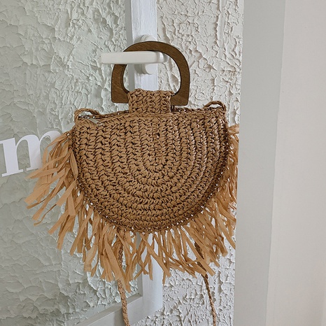 Streetwear Solid Color Tassel Round Zipper Straw Bag's discount tags