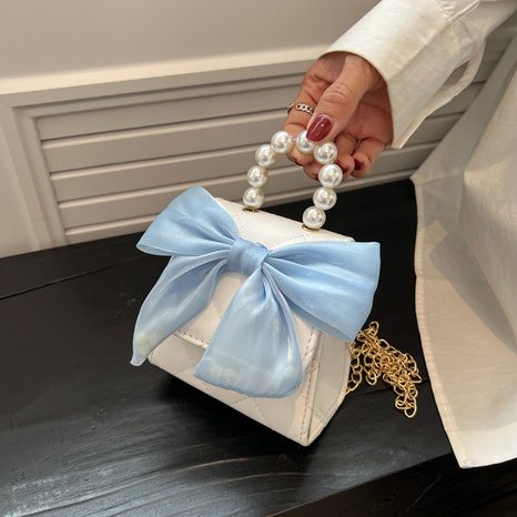 Mode Einfarbig Perlen Bogenknoten Kette Quadrat Schnalle Umhängetasche's discount tags
