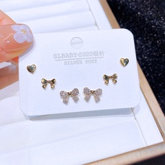 Simple Style Heart Shape Bow Knot Copper Ear Studs Inlay Zircon Copper Earrings 6 Pieces