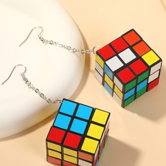 Novelty Rubik'S Cube Wood Earrings
