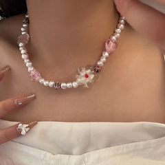 Korean Summer Glass Flower Fresh Water Stringed Pearls Necklace Women's High Sense Special-Interest Design Clavicle Chain Neck Chain Women's