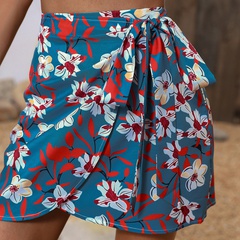 Vacation Flower Drawstring Pleated Chiffon Dresses Above Knee Skirt