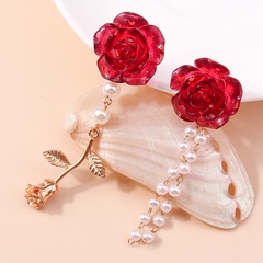 Fashion Sweet Simple Style Leaf Rose Imitation Pearl Alloy Resin Tassel Drop Earrings