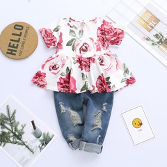 Fashion Solid Color Flower Cotton Blend Printing Pants Sets Baby Clothes