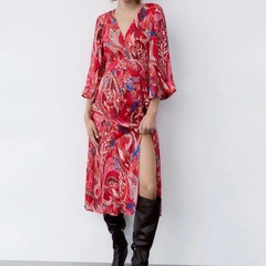 Vêtement De Rue Impression Col En V Manches 3/4 Fente Polyester Robes Robe Mi-Longue Robe Régulière