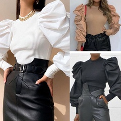Fashion Solid Color Cotton Standing Collar Long Sleeve Puff Sleeve T-shirt