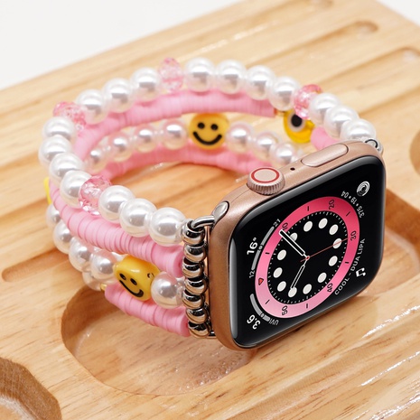 Linda pulsera de reloj de imitación de perlas de arcilla polimérica con cara sonriente adecuada para Apple Watch's discount tags