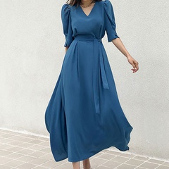 Fashion Solid Color V Neck Half Sleeve Ribbon Polyester Dresses Maxi Long Dress Swing Dress