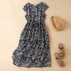 Fashion Flower Round Neck Sleeveless Pleated Cotton and Linen Dresses Knee-Length Tank Dress