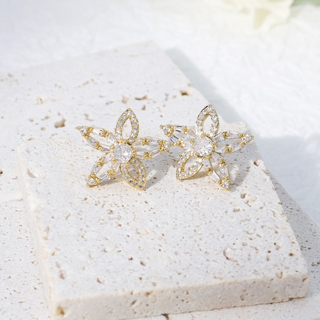 Simple Style Flower Copper Ear Studs Gold Plated Zircon Copper Earrings 1 Pair's discount tags