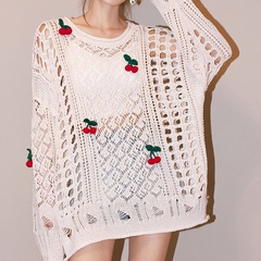 Fashion Cherry Knit Long Sleeve Hollow Out Eyelet Top