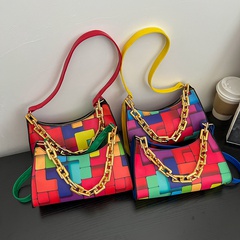 Fashion Color Block Chain Square Zipper Underarm Bag
