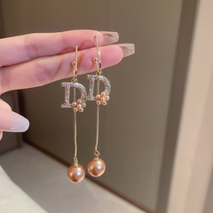Simple Style Letter Copper Drop Earrings Inlay Rhinestones Pearl Copper Earrings 1 Pair