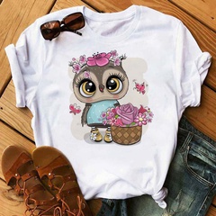 Casual Fashion Printing Owl Polyester Round Neck Short Sleeve Regular Sleeve Printing T-shirt