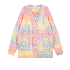 Fashion Rainbow knit V Neck Long Sleeve Regular Sleeve Sweater