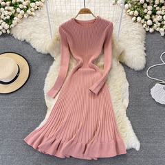 Casual Solid Color Round Neck Long Sleeve knit Dresses Maxi Long Dress Ruffled Skirt