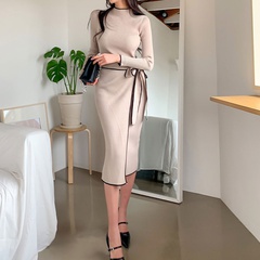 Elegant Solid Color Standing Collar Long Sleeve knit Dresses Midi Dress Sheath Dress