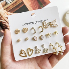 Fashion Heart Shape Butterfly Alloy Plating Artificial Pearls Rhinestone Earrings Ear Studs 9 Pieces