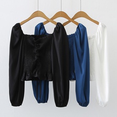 Fashion Solid Color Chiffon Long Sleeve Popover Drawstring Pleated Wrap Crop Top