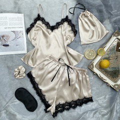 Sexy Solid Color Imitated Silk Polyester Lace Shorts Sets Pajamas
