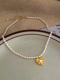 Retro Heart Shape Copper Necklace Beaded Artificial Pearls Copper Necklaces