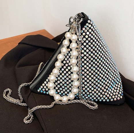 Fashion Geometric Rhinestone Pearl Triangle Zipper Chain Bag's discount tags