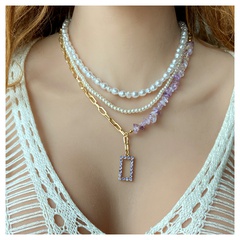 Simple Style Geometric Imitation Pearl Alloy Beaded Inlay natural stone Rhinestone Layered Necklaces