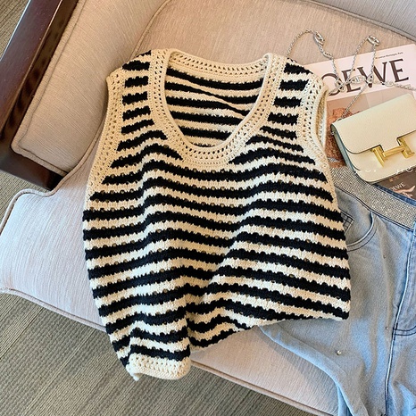 Fashion Stripe knit Round Neck Hollow Out Vest's discount tags
