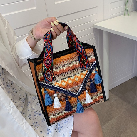 Women'S Medium Canvas Color Block Ethnic Style Tassel Square Zipper Tote Bag's discount tags
