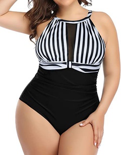 Women'S Vacation Fashion Simple Style Stripe Solid Color Polyester Plus Size Swimwear