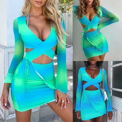 Casual Fashion Printing Gradient Color V Neck Long Sleeve Printing Patchwork Polyester Dresses Above Knee Irregular Skirt's discount tags
