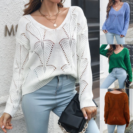 Casual Solid Color Acrylic V Neck Long Sleeve Regular Sleeve Hollow Out Knitwear's discount tags