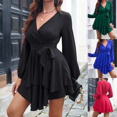 Fashion Solid Color V Neck Long Sleeve Layered Polyester Dresses Above Knee Sheath Dress's discount tags