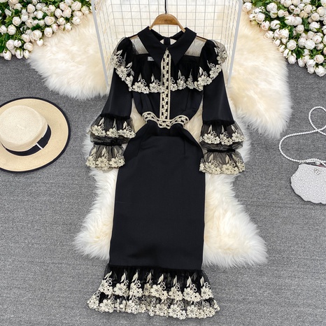 Elegant Vintage Style Fashion Solid Color Turndown Long Sleeve Zipper Patchwork Lace Polyester Dresses Midi Dress A-Line Skirt's discount tags