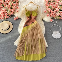 Vintage Style Fashion Floral U Neck Sleeveless Patchwork Lace Polyester Dresses Maxi Long Dress A-Line Skirt
