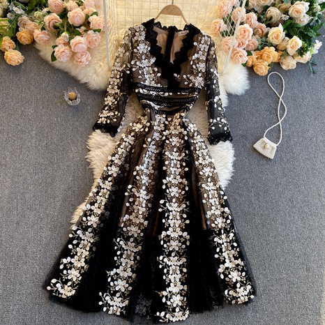 Elegant Fashion Floral V Neck Long Sleeve Lace Appliques Polyester Dresses Knee-Length Lace Dress's discount tags