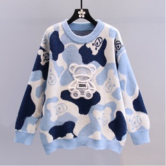 Fashion Color Block Bear knit Round Neck Long Sleeve Regular Sleeve Patchwork Sweater
