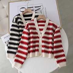 Simple Style Color Block Stripe knit V Neck Long Sleeve Regular Sleeve Button Cardigan