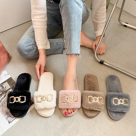 Women'S Basic Color Block Metal Button Round Toe Plush Slippers's discount tags