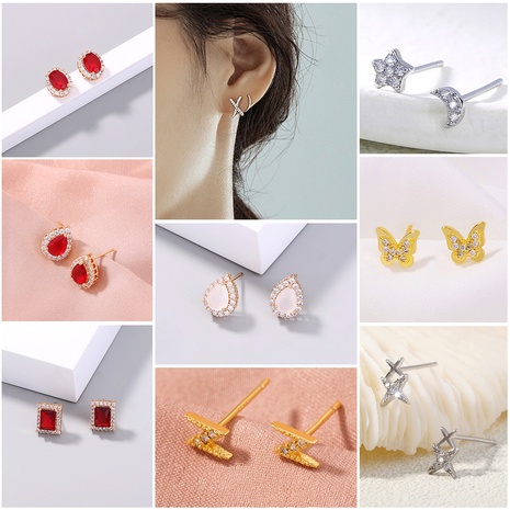 Cute Letter Moon Butterfly Copper Ear Studs Inlay Zircon Copper Earrings 1 Pair's discount tags
