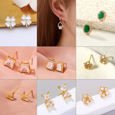 Fashion Four Leaf Clover Letter Flower Copper Ear Studs Inlay Zircon Copper Earrings 1 Pair's discount tags