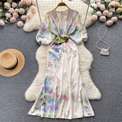 Elegant Vacation Fashion Printing Deep V Half Sleeve Printing Polyester Dresses Maxi Long Dress Floral Dress
