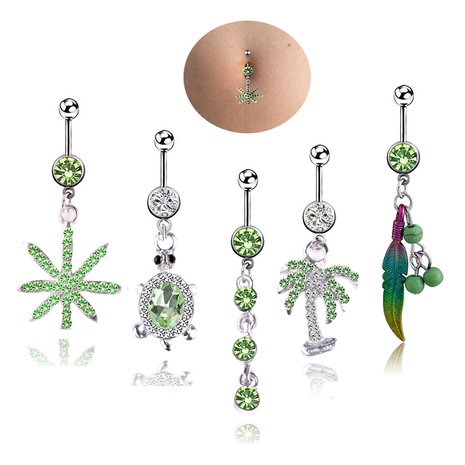 Fashion Leaf Coconut Tree Stainless Steel Rhinestone Belly Ring 1 Set's discount tags