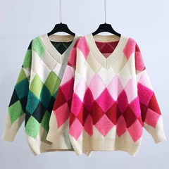 Fashion Color Block Grid knit Round Neck Long Sleeve Regular Sleeve Sweater