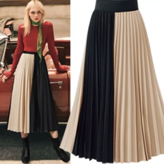 Fashion Color Block Pleated Polyester Dresses Midi Dress Skirt
