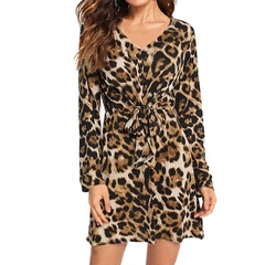 Fashion Leopard V Neck Long Sleeve Backless Polyester Dresses Above Knee A-Line Skirt