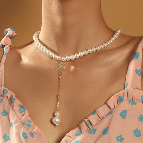 Retro Geometric Alloy Pendant Necklace Beaded Artificial Pearls Pearl Necklaces's discount tags