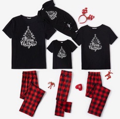Fashion Christmas Tree Plaid Polyester Pants Sets Casual Pants Blouse Family Matching Outfits